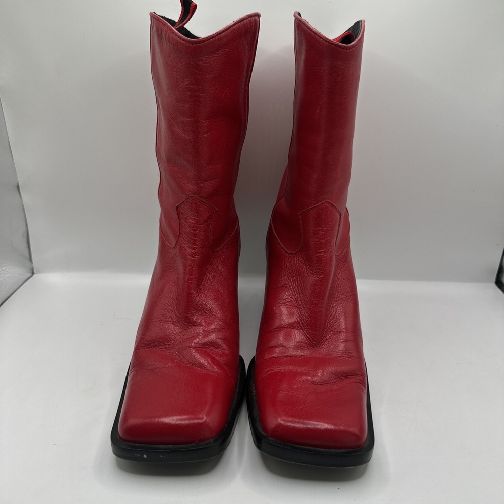 Guess Vintage Bright Red Leather Western Square Toe Block Heels Sz 39 RARE - Picture 2 of 13